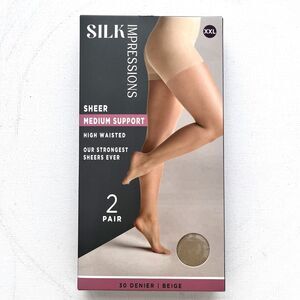 NEW SILK Impressions Beige Sheer Medium Support Pantyhose XXL‎ 30 Denier 2pr